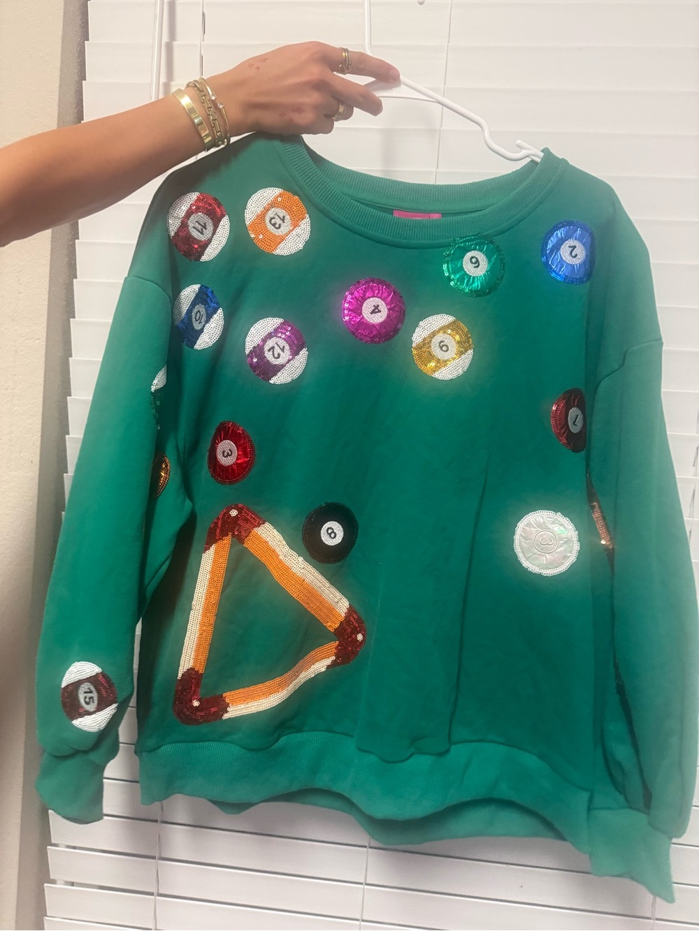 QUEEN OF SPARKLES Green Sequin Pool Ball Sweatshirt